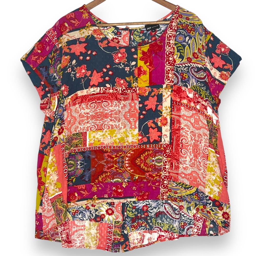 Jones NY Multicolor Patchwork Blouse Boho Floral‎ Short Sleeve Button Back 2X